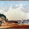 French Impressionist Watercolor Landscape Coastal House with Scene Sailboat View