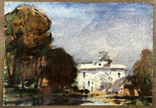 French Impressionist Watercolor Landscape Park Scene with White Grand Building