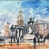 French Impressionist Watercolor Landscape City Square with Equestrian Statue