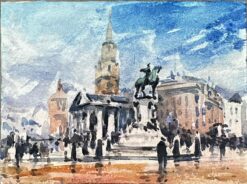 French Impressionist Watercolor Landscape City Square with Equestrian Statue