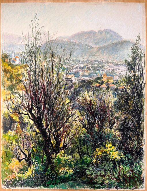 Mid Century French Original Painting of a Hillside Cityscape w/ Lush Vegetation