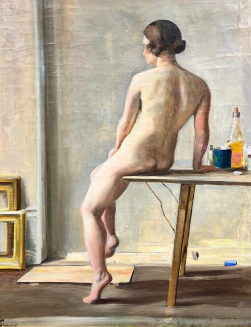 Nude Lady in Interior Artists Model Mid Century Swedish Oil on Canvas framed