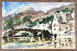 French Impressionist Watercolor Landscape Mountainous with Village and bridge