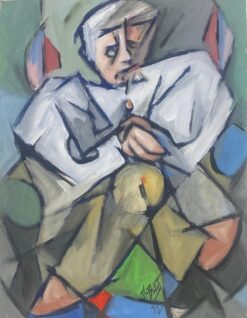 French Painting Gloomy Geometric Patterns Portrait Of Elder Man Sat In Chair