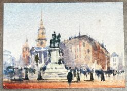 French Impressionist Watercolor Landscape City Square with Equestrian Statue