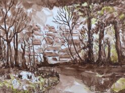 1950's French Modernist/ Cubist Painting - Brown Autumnal French Landscape