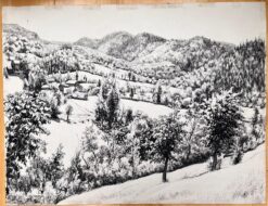 Mid Century French Original Ink Drawing of a Hillside Village Landscape