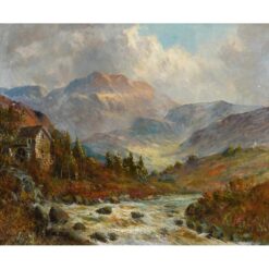 Scottish Highlands Mountainous river landscape with a watermill, signed oil