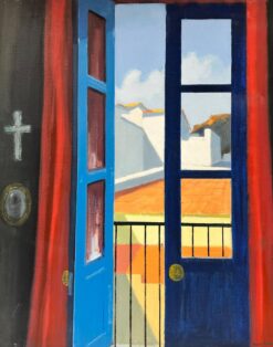 Swedish Modernist Oil Painting Open Window Patio Interior Room View signed