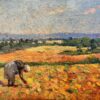 1930's French Post Impressionist Oil Painting Lady Gleaning in Harvest Fields