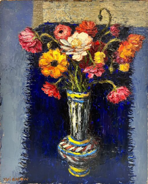 1960's French Expressionist Signed Oil Bright Warm Colors Flowers in Vase