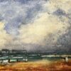 French Impressionist Watercolor Landscape Seaside Scene With Pier and Figures