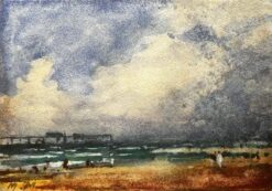 French Impressionist Watercolor Landscape Seaside Scene With Pier and Figures