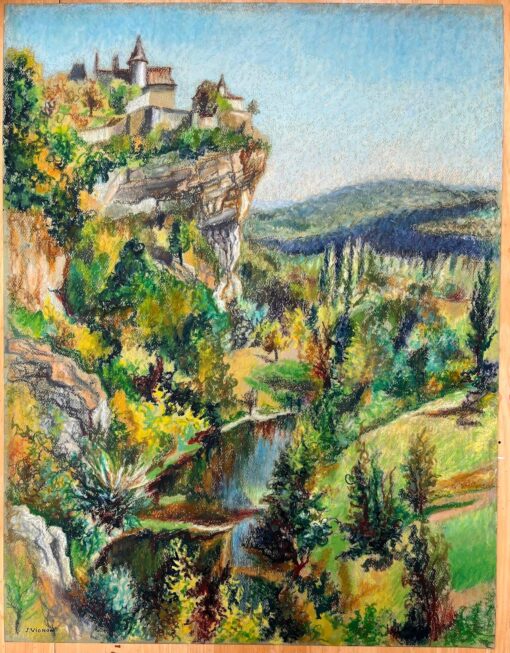 Mid Century French Original Pastel Painting of a Cliffside Village