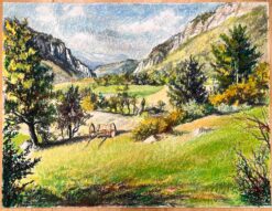 Mid Century French Original Painting of a Mountainous Countryside Landscape