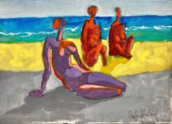 Contemporary Abstract Oil Painting Nude Figures on Sunny Beach, Chilean Artist