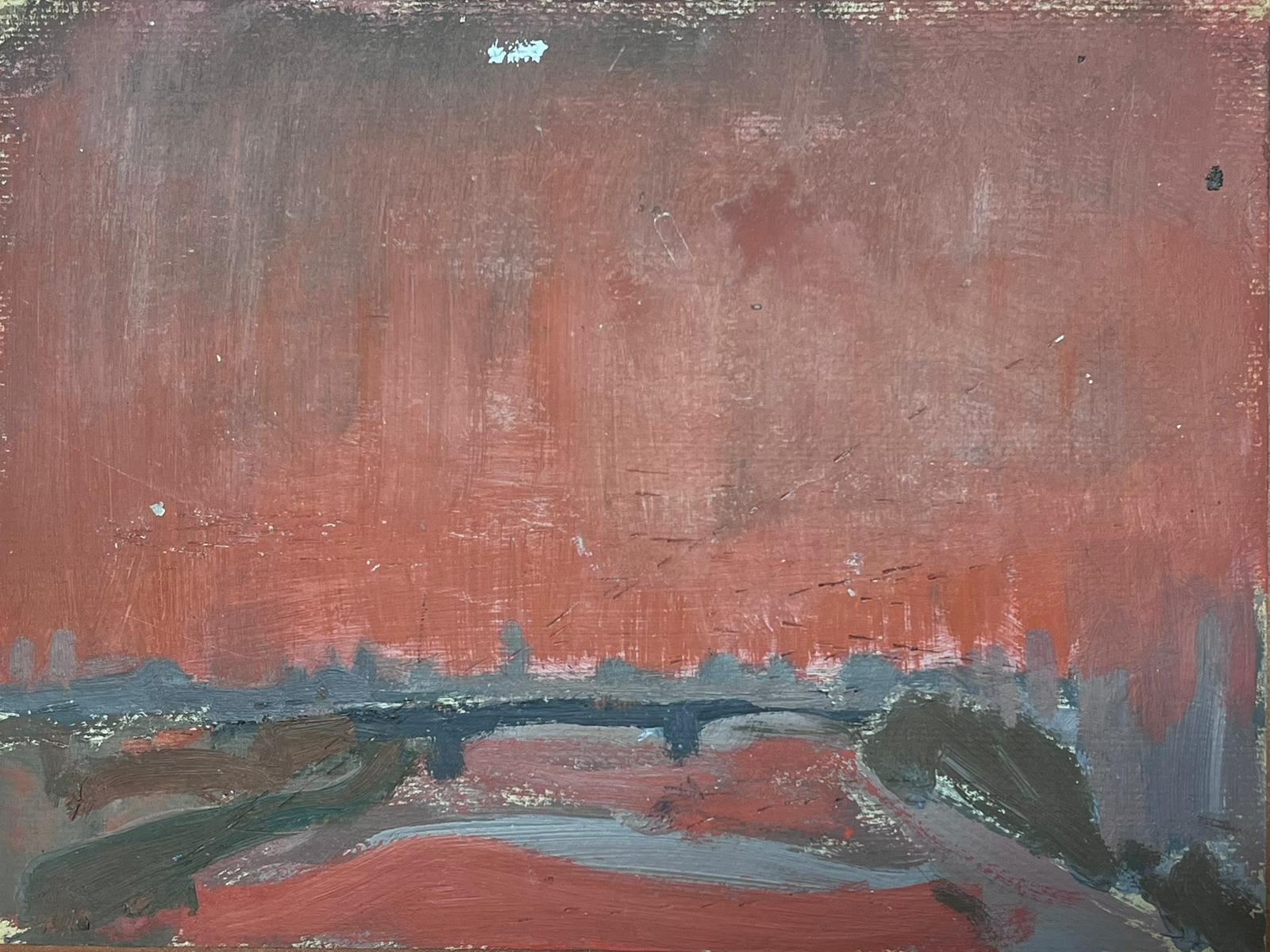 1900-1999 German Modernist Oil Painting Grey Bridge Red Sky Scape