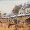 French Impressionist Watercolor Landscape The River Seine Bridge Horse Statue