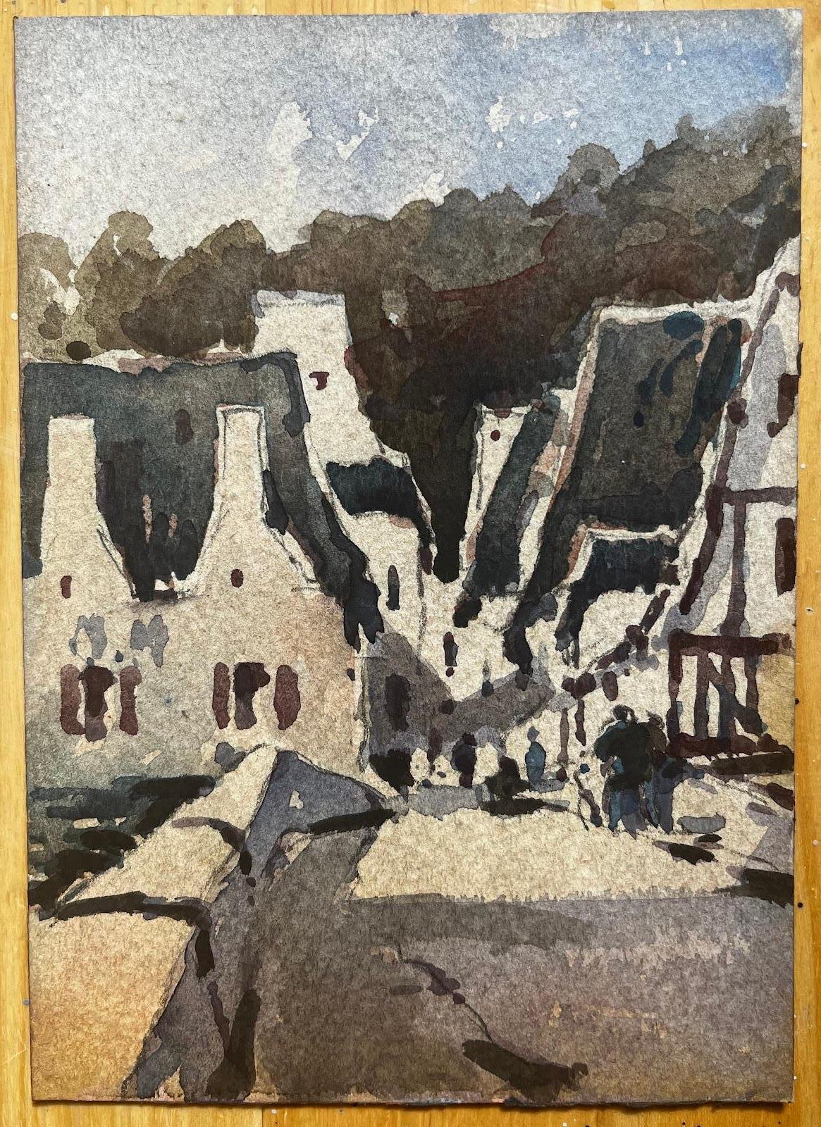 French Impressionist Watercolor Landscape Rural Village Town With Figures