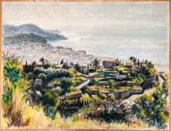 Mid Century French Original Pastel Painting - Coastal View from the Hills