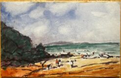French Impressionist Watercolor Landscape Coastal Scene with Figures