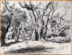 Mid Century French Original Ink Drawing - View of Olive Trees & Hilltop Village