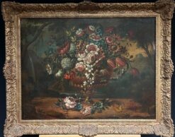 18th-Century Baroque Oil Still Life Flowers Floral Arrangement in an Ornate Urn