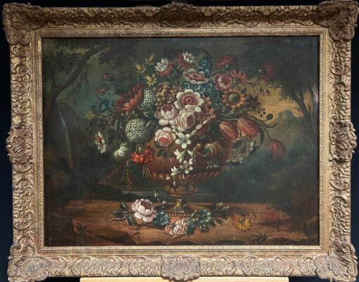 18th-Century Baroque Oil Still Life Flowers Floral Arrangement in an Ornate Urn