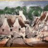French Impressionist Watercolor Landscape Rural Village Scene with Bridge