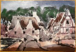 French Impressionist Watercolor Landscape Rural Village Scene with Bridge