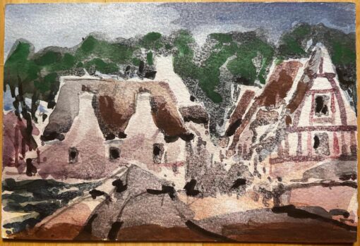 French Impressionist Watercolor Landscape Rural Village Scene with Bridge