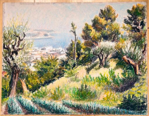 Mid Century French Original Pastel Painting of a Coastal View with Olive Trees