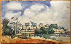 French Impressionist Watercolor Landscape Harbour Scene with Boats