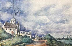Watercolor Blue Sky Coastal Landscape with Village Scene