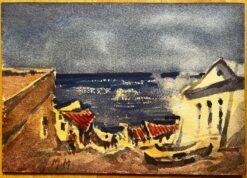 French Impressionist Watercolor Landscape Seaside Town with Azure Sea