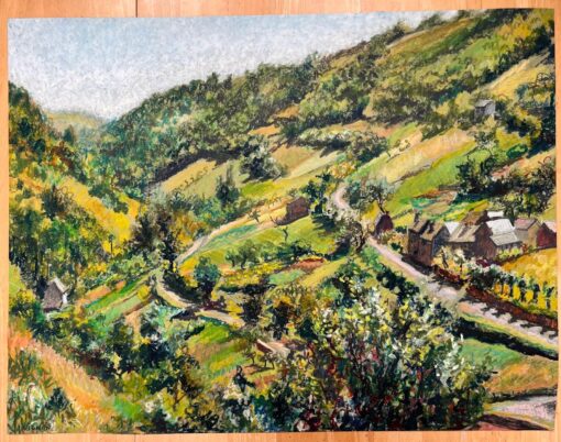 Mid Century French Original Pastel Painting of a Lush Countryside Landscape