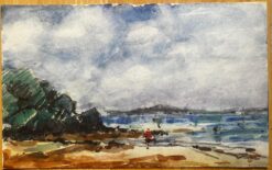 French Impressionist Watercolor Landscape Coastal Beach Scene with Figure
