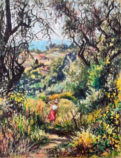 Mid Century French Original Pastel Painting of a Woman in a Lush Landscape