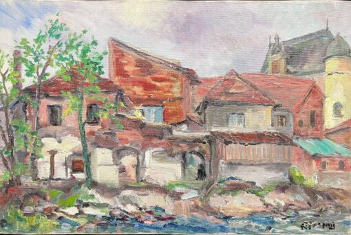 Mid 1900-1999 1950's French Post-Impressionist Oil Roanne Town Buildings View