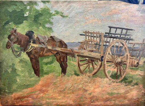 1930's French Post Impressionist Oil Painting -  Horse and Hay Cart