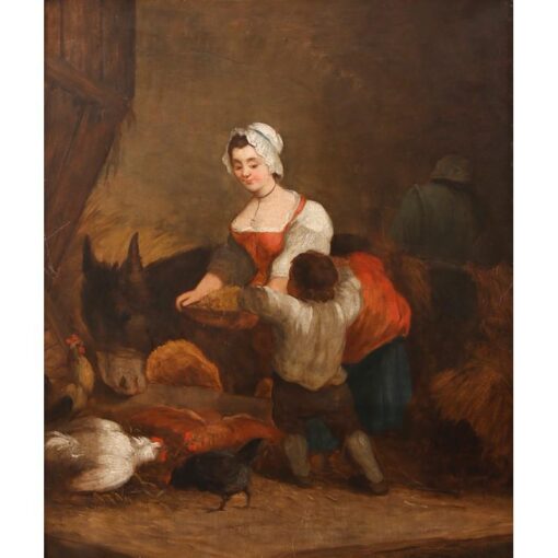 English School 1800-1899 Oil - Mother & Child Feeding Animals Stable Interior