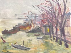 Mid Century Spring Boats in Industrial Riverside Scene French Oil Painting