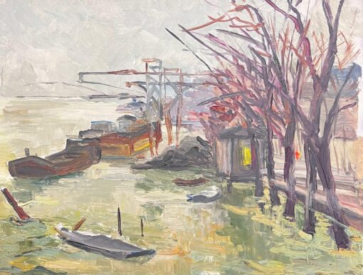 Mid Century Spring Boats in Industrial Riverside Scene French Oil Painting