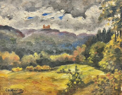 Mid Century French Signed Impressionist Oil Painting Castle in Landscape