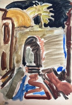 1900-1999 German Modernist Oil Painting - Expressionist Town with Palm Tree