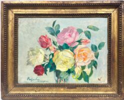 Pink Yellow Roses in Vase Still Life Signed Oil Listed Swiss Belle Époque artist