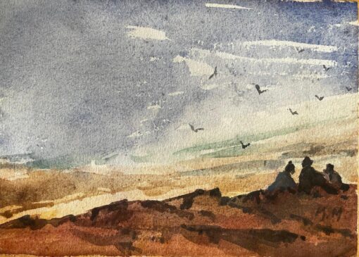 French Impressionist Watercolor Landscape Seaside Scene with Three Figures