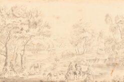 Fine 1700 - 1799 Dutch Old Master Watercolor Drawing Hunting Party Landscape