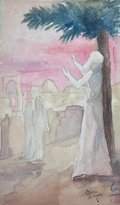 1930's French Impressionist Figure Praying To The Sky Under Palm Tree