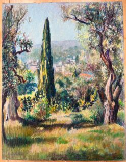 Sunny Provence Landscape with Cypress and Olive Trees Vibrant Pastel Drawing
